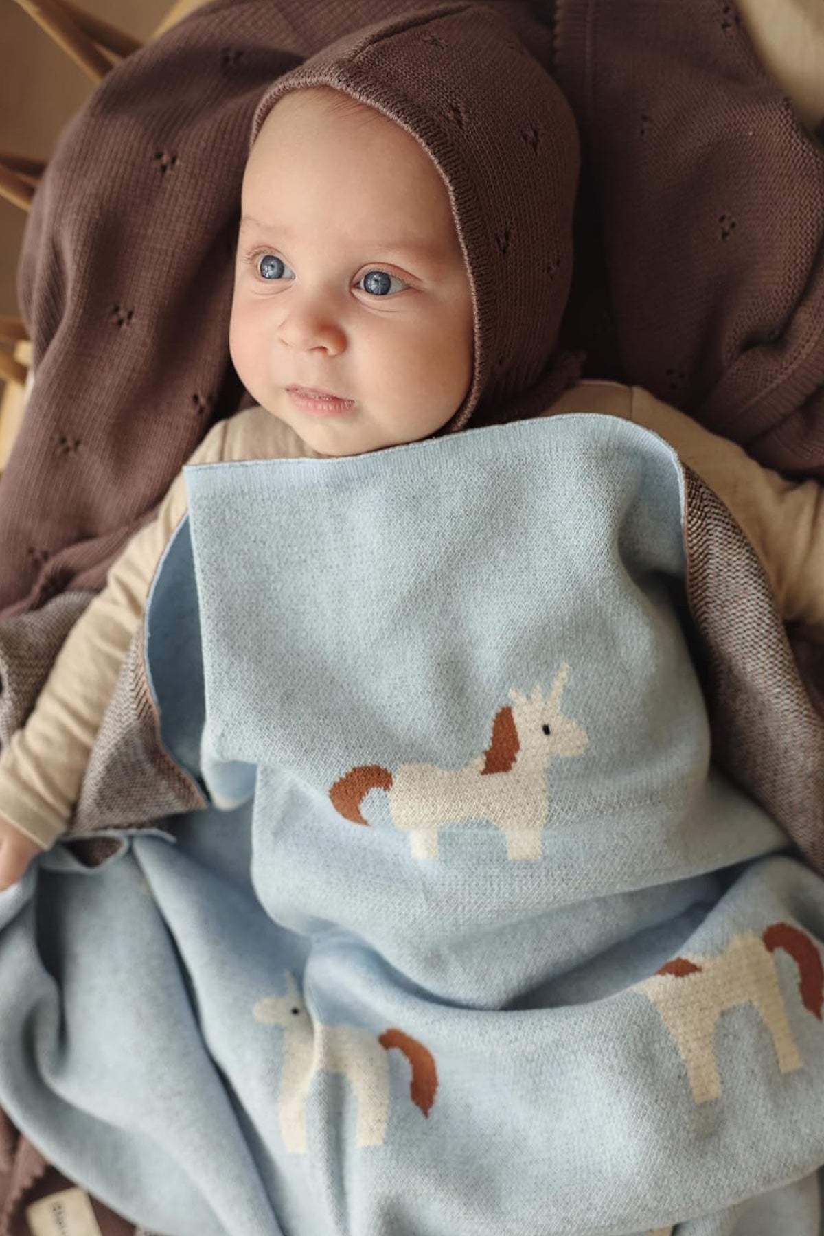 Kız Ve Erkek Bebek Için Örgü Bebek Battaniyesi Unicorn Mavi