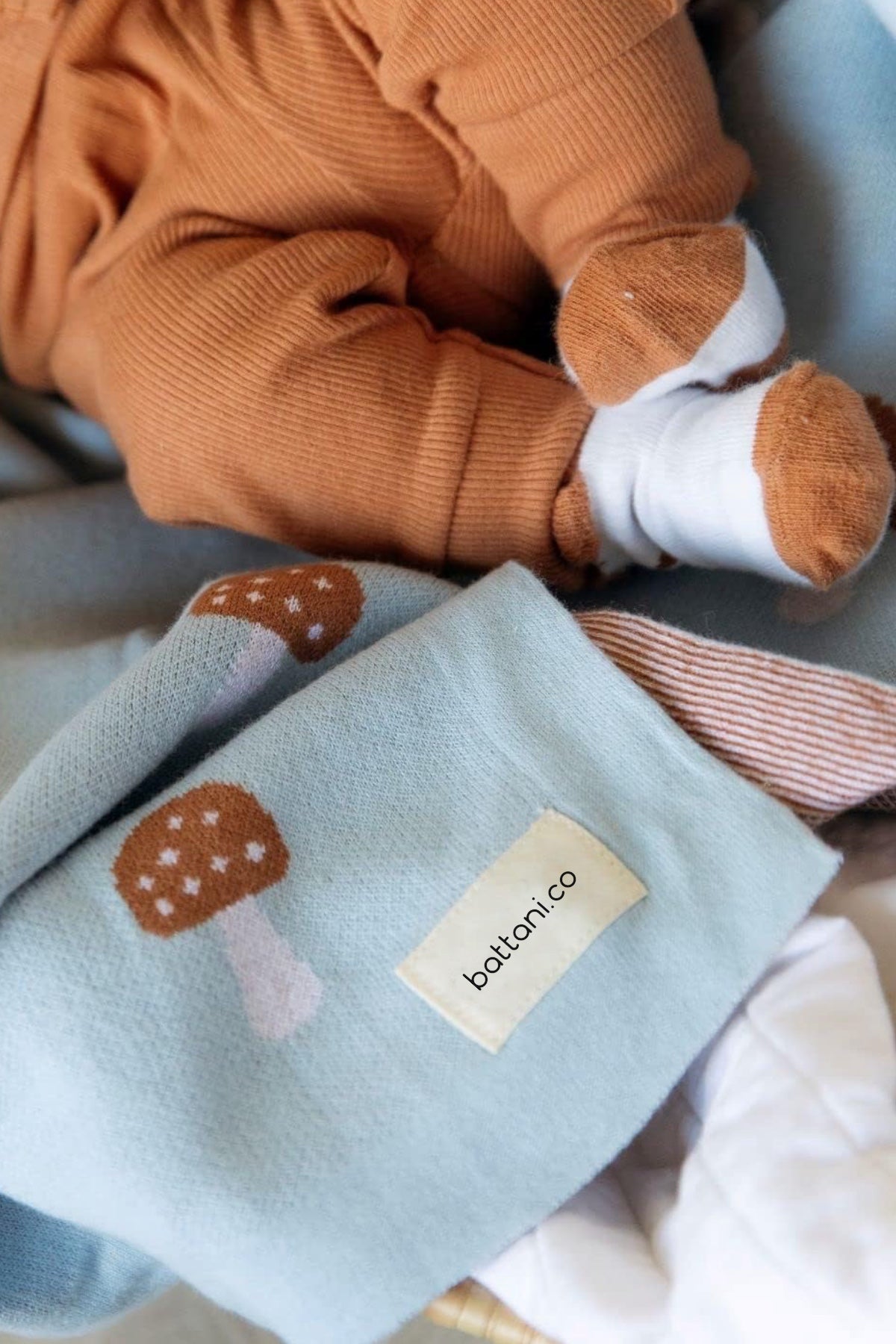 Kız Ve Erkek Bebek Için Örgü Bebek Battaniyesi Mantar Mavi - battani.co