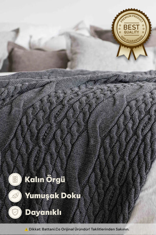 Home Kalın Örgü Battaniye Sofa & Yatak Üstü Dekoratif Battaniye 130cm x 170cm Antra - battani.co