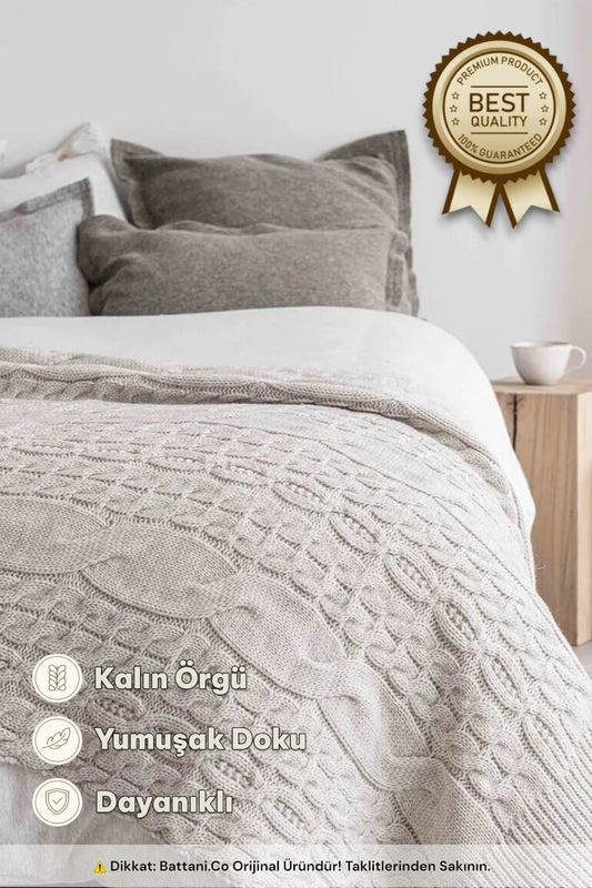 Home Kalın Örgü Battaniye Sofa & Yatak Üstü Dekoratif Battaniye 130cm x 170cm Bej - battani.co