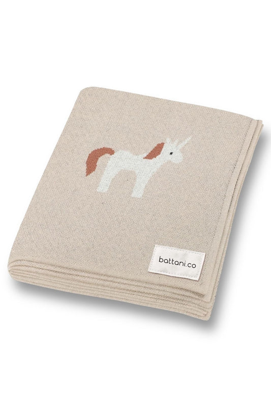 Kız Ve Erkek Bebek Için Triko Örgü Bebek Battaniyesi 85cm X85cm Unicorn Bej - battani.co