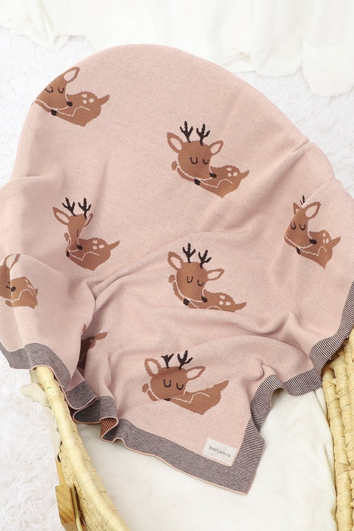Kız Ve Erkek Bebek Için Triko Örgü Bebek Battaniyesi Pembe Geyik 85cm X85cm - battani.co