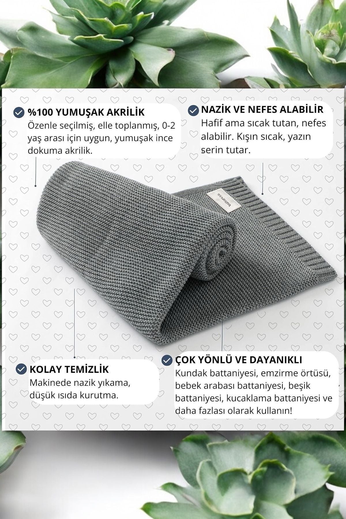 Kız Ve Erkek Bebek Için Triko Örgü Bebek Battaniyesi 90cm X110cm Basics Gri - battani.co