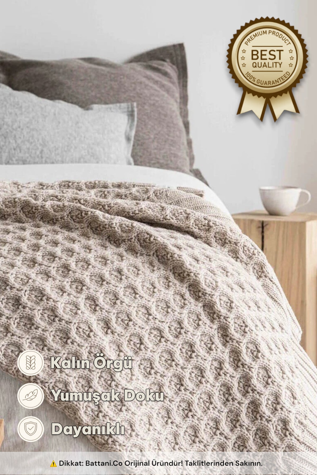 Home Kalın Örgü Battaniye Sofa & Yatak Üstü Dekoratif Battaniye 130cm x 170cm Bej - battani.co