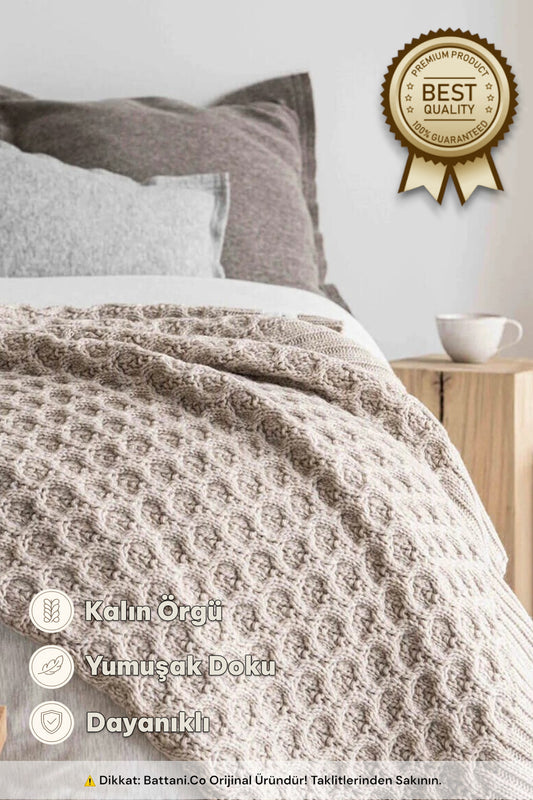 Home Kalın Örgü Battaniye Sofa & Yatak Üstü Dekoratif Battaniye 130cm x 170cm Bej - battani.co