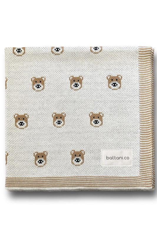 Triko Örgü Bebek Battaniyesi Tedi Ayıcıklı 85x85 Cm Bej - battani.co