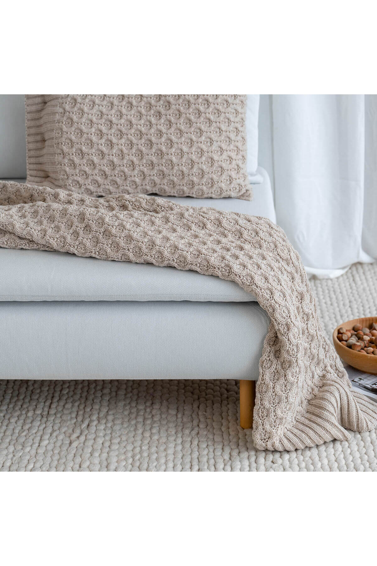 Home Kalın Örgü Battaniye Sofa & Yatak Üstü Dekoratif Battaniye 130cm x 170cm Bej - battani.co