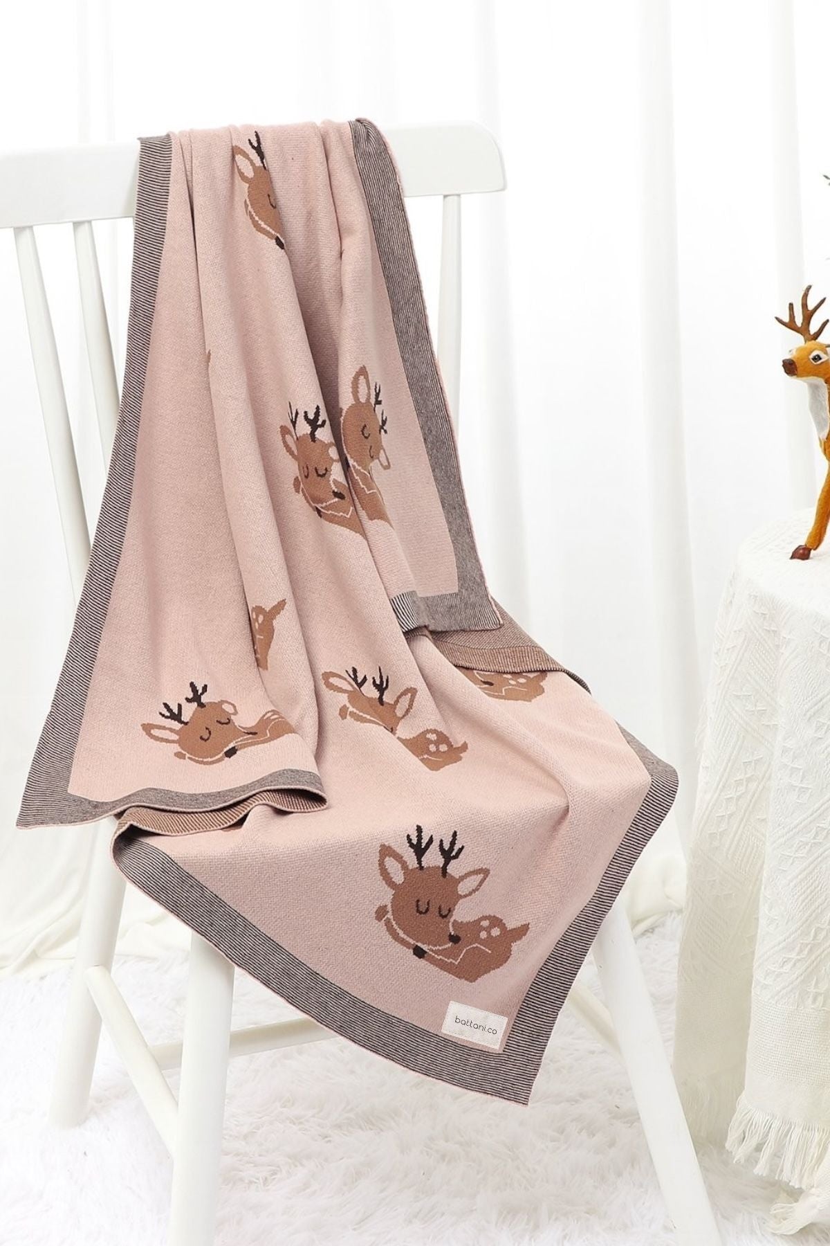 Kız Ve Erkek Bebek Için Triko Örgü Bebek Battaniyesi Pembe Geyik 90cm X110cm - battani.co