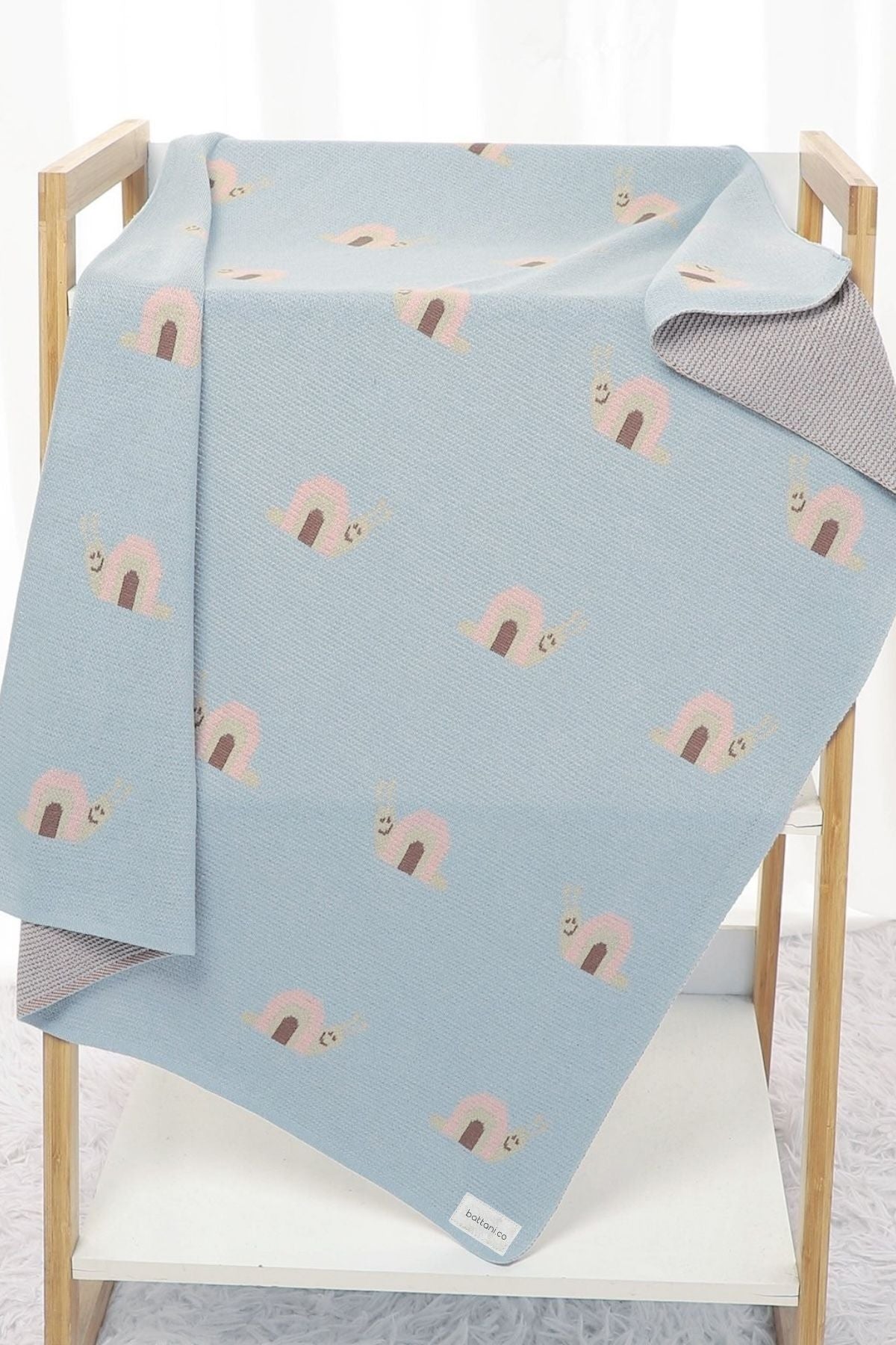 Kız Ve Erkek Bebek Için Triko Örgü Bebek Battaniyesi Mavi Salyangoz 85cm X85cm - battani.co