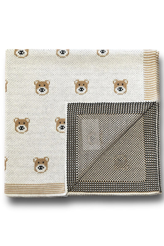 Triko Örgü Bebek Battaniyesi Tedi Ayıcıklı 85x85 Cm Bej - battani.co