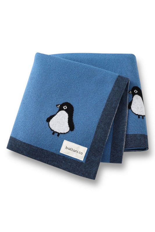 Kız Ve Erkek Bebek Için Triko Örgü Bebek Battaniyesi Mavi Penguen 90cm X110cm - battani.co