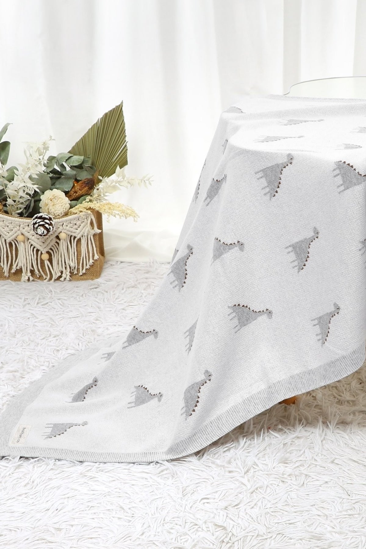 Kız Ve Erkek Bebek Için Triko Örgü Bebek Battaniyesi 85cm X85cm Beyaz Dino - battani.co