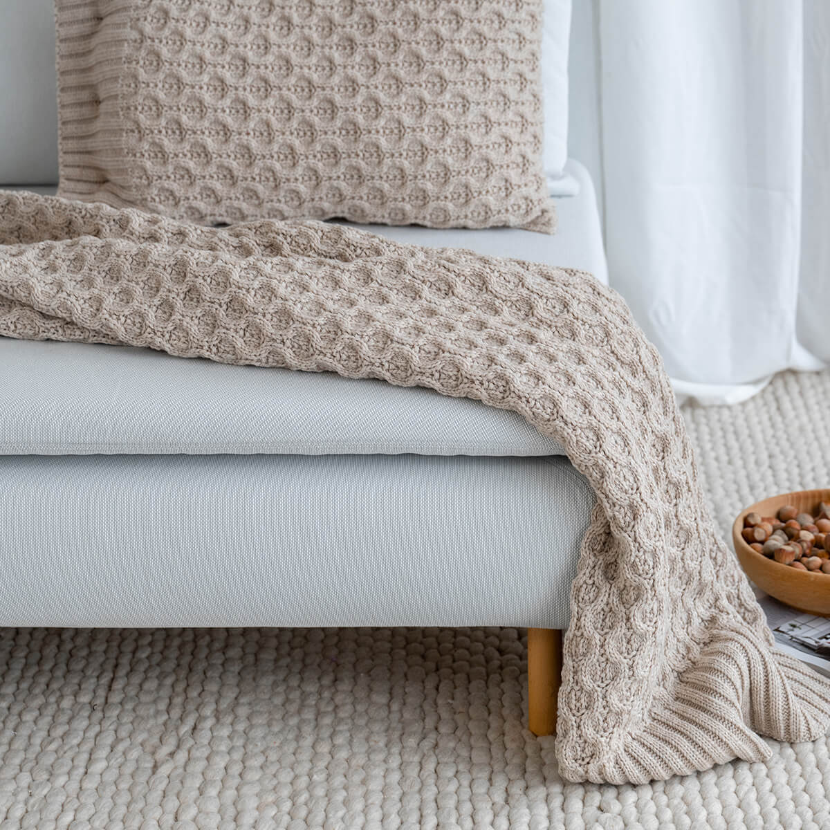 Battani.Co Home Kalın Örgü Battaniye Sofa & Yatak Üstü Dekoratif Battaniye 130cm x 170cm Bej